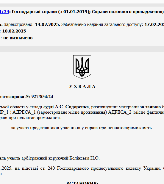 Судове рішення №927/854/24
